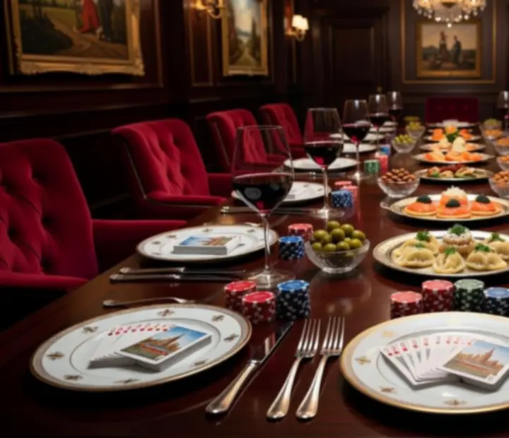 Elegancko nakryty stół z kartami i symbolicznymi żetonami w restauracyjnej scenerii
