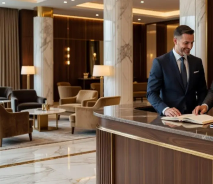 Concierge witający gości biznesowych w eleganckiej restauracji