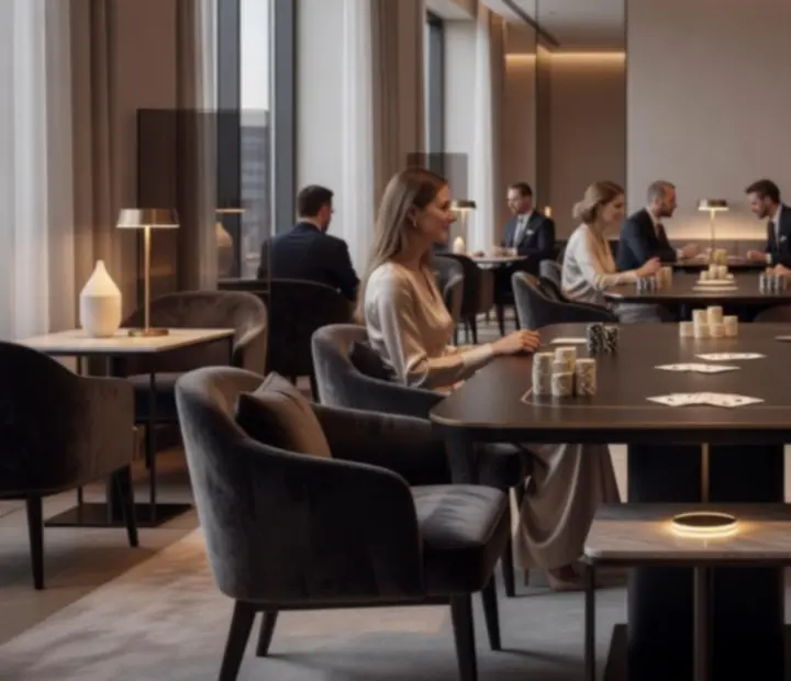 Elegancko nakryte stoły w restauracji przygotowane na wieczór degustacyjny z motywem pokerowym.