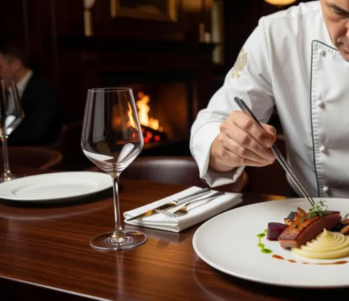 Szef kuchni w eleganckiej restauracji podczas finezyjnego serwisu dania degustacyjnego