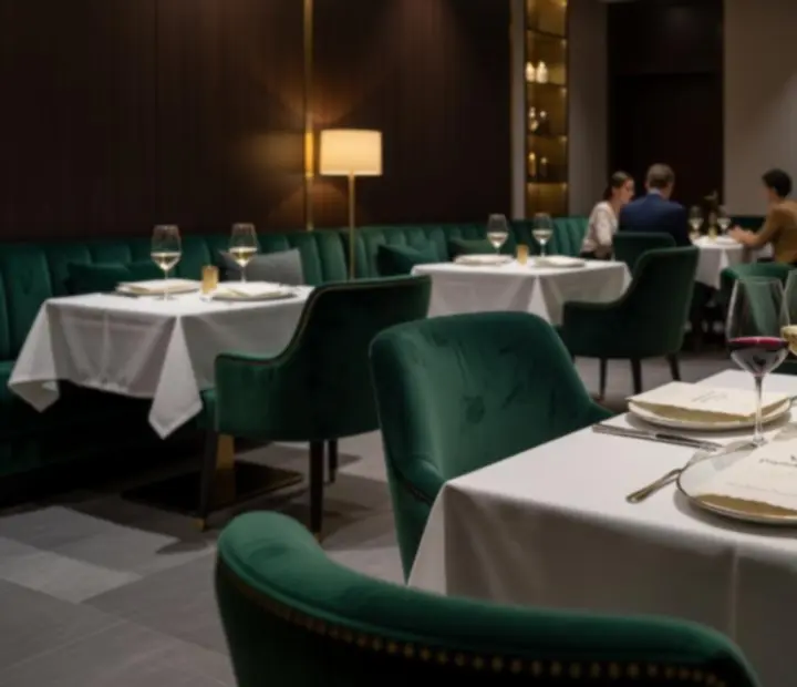 Wytworne wnętrze restauracji fine dining z dopracowanym oświetleniem i elegancką zastawą.
