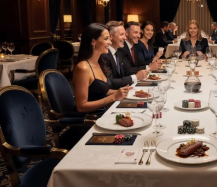 Elegancka kolacja z pokerem przy oświetlonym stole w restauracji premium
