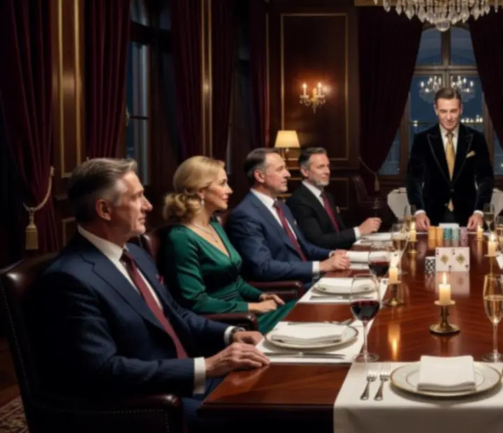 Cinematiczny kadr eleganckiej kolacji z symbolicznymi żetonami pokerowymi i koktajlami