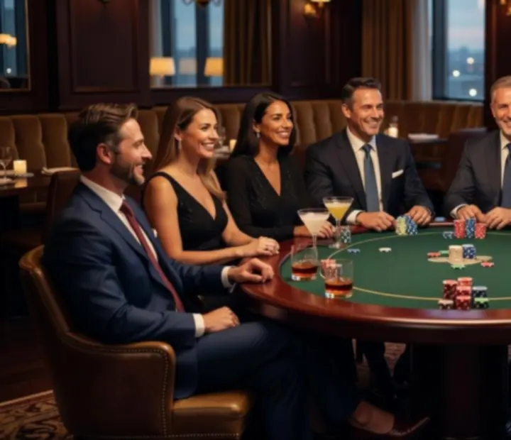 Goście biznesowi przy eleganckim stole pokerowym podczas wieczoru integracyjnego