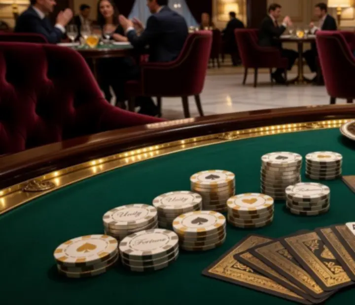 Stół pokerowy z symbolicznymi żetonami i koktajlami w eleganckim lokalu
