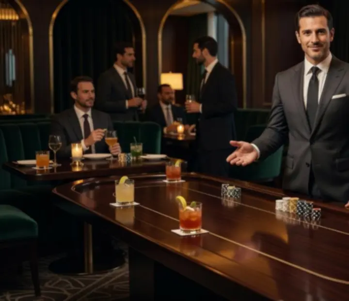 Profesjonalny gospodarz prowadzący elegancki wieczór pokerowy w restauracji