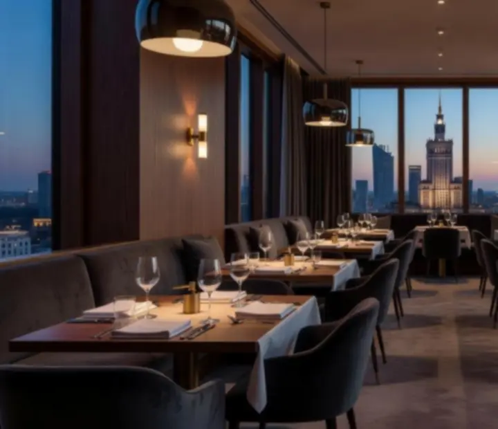 Elegancka restauracja przygotowana na wieczór pokerowy w luksusowej atmosferze.