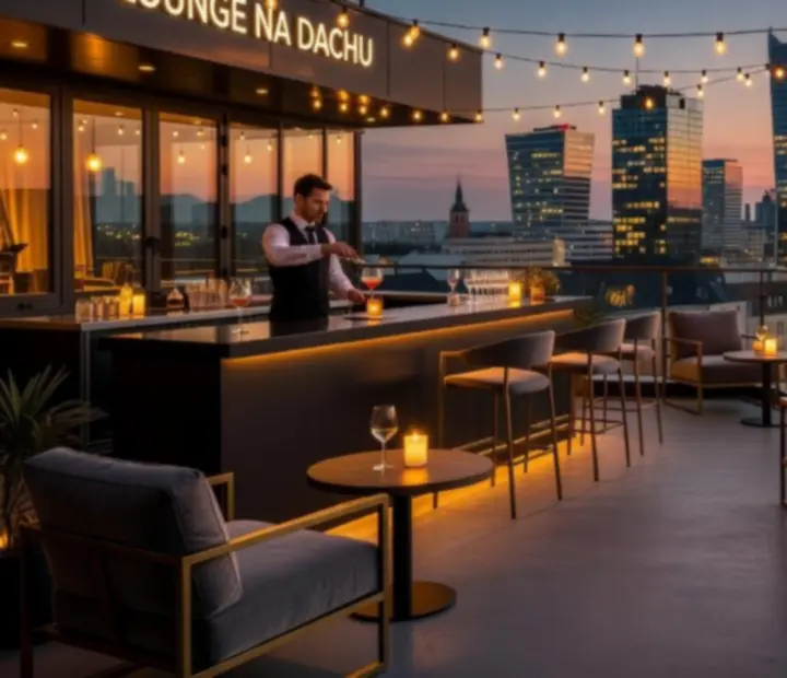 Rooftop z widokiem na panoramę miasta o zmierzchu.