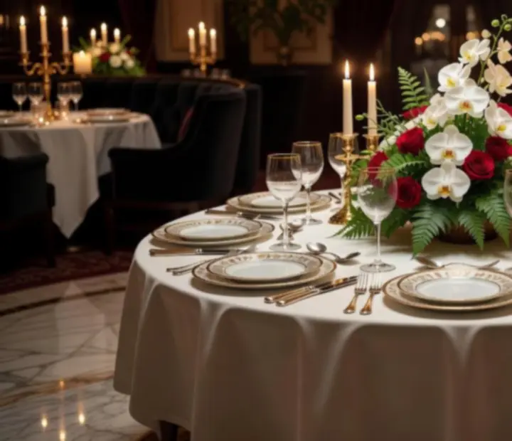 Ekskluzywny stół przygotowany na kolację VIP z elegancką zastawą i nastrojowym oświetleniem.